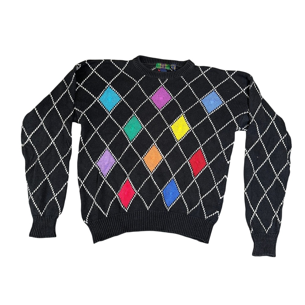 Colours by Alexander Julian Argyle Sweater Mens Large Black Linen Cotton Vintage